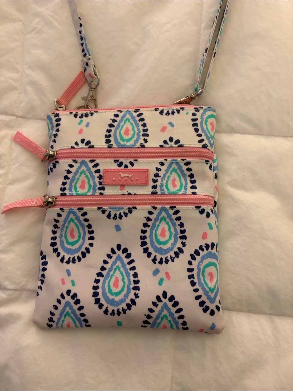 Scout White Crossbody with Pink and Teal Teardrop Print